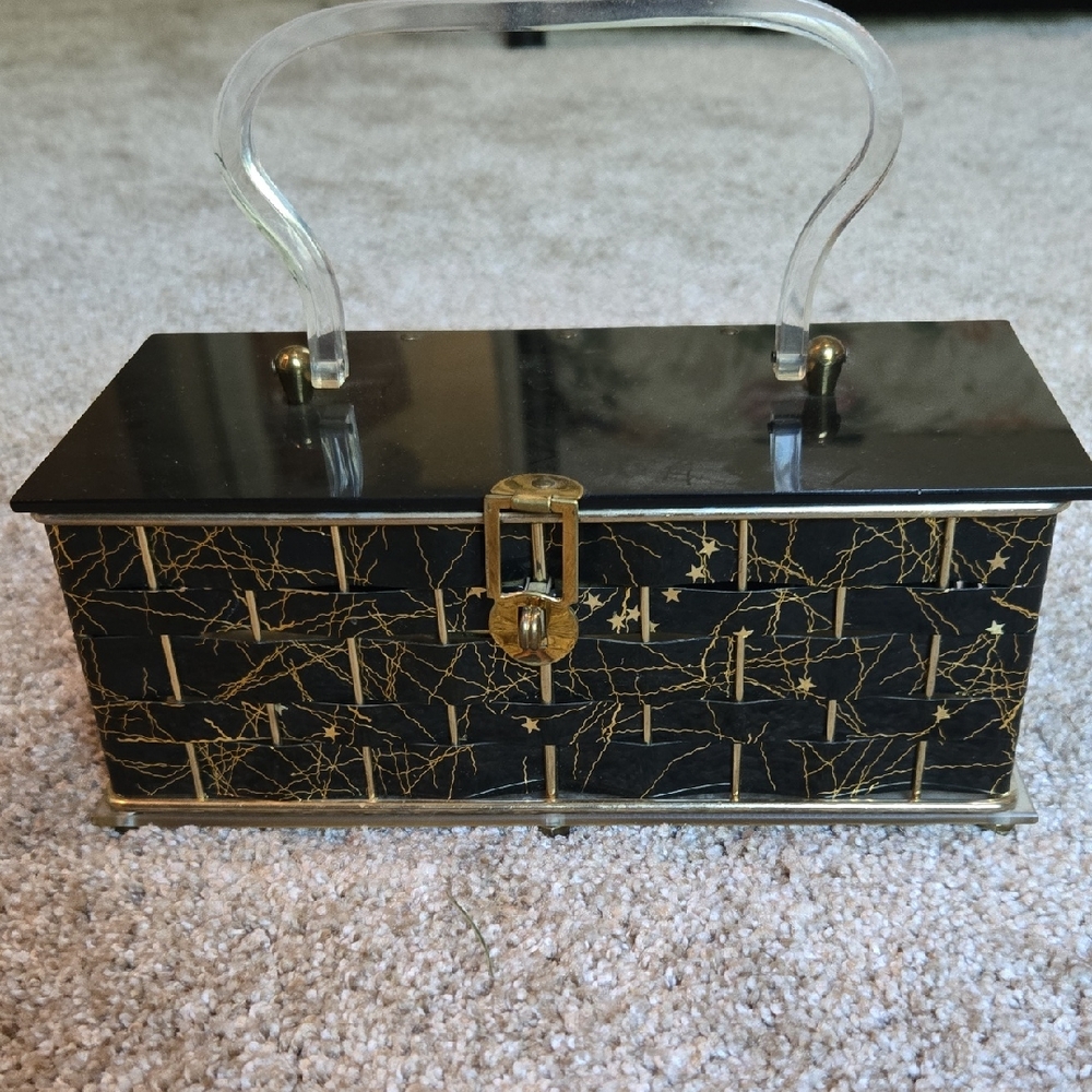 Chic Black and Gold Box Purse with Clear Handle